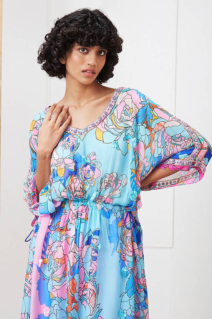 Blue Flat Chiffon Embroidered Vacation Dress by Soup by Sougat Paul at Pernia's Pop Up Shop