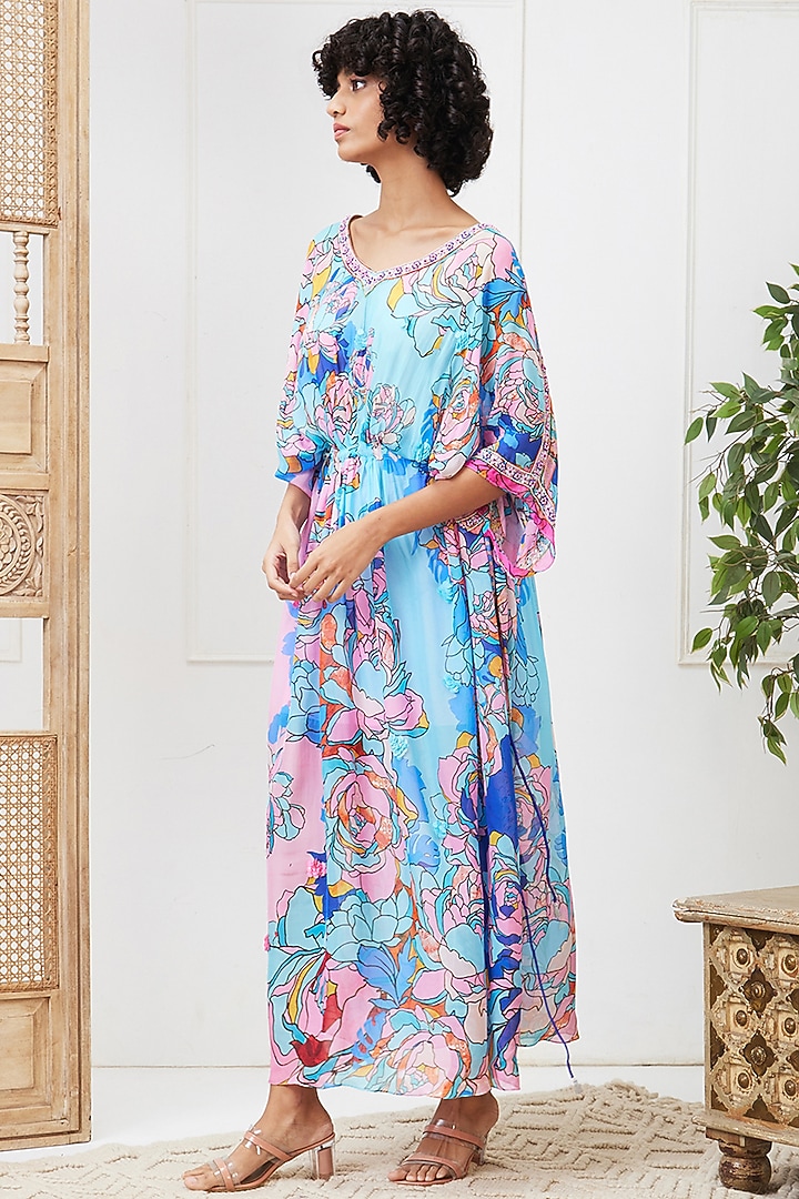 Blue Flat Chiffon Embroidered Vacation Dress by Soup by Sougat Paul at Pernia's Pop Up Shop