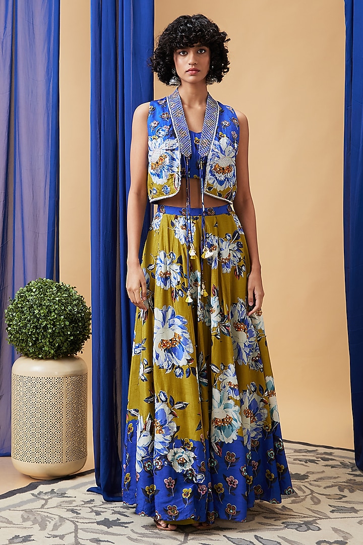 Blue & Green Malaysian Silk Embroidered Jacket Wedding Lehenga Set by Soup by Sougat Paul at Pernia's Pop Up Shop