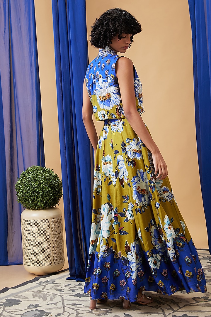 Blue & Green Malaysian Silk Embroidered Jacket Wedding Lehenga Set by Soup by Sougat Paul at Pernia's Pop Up Shop