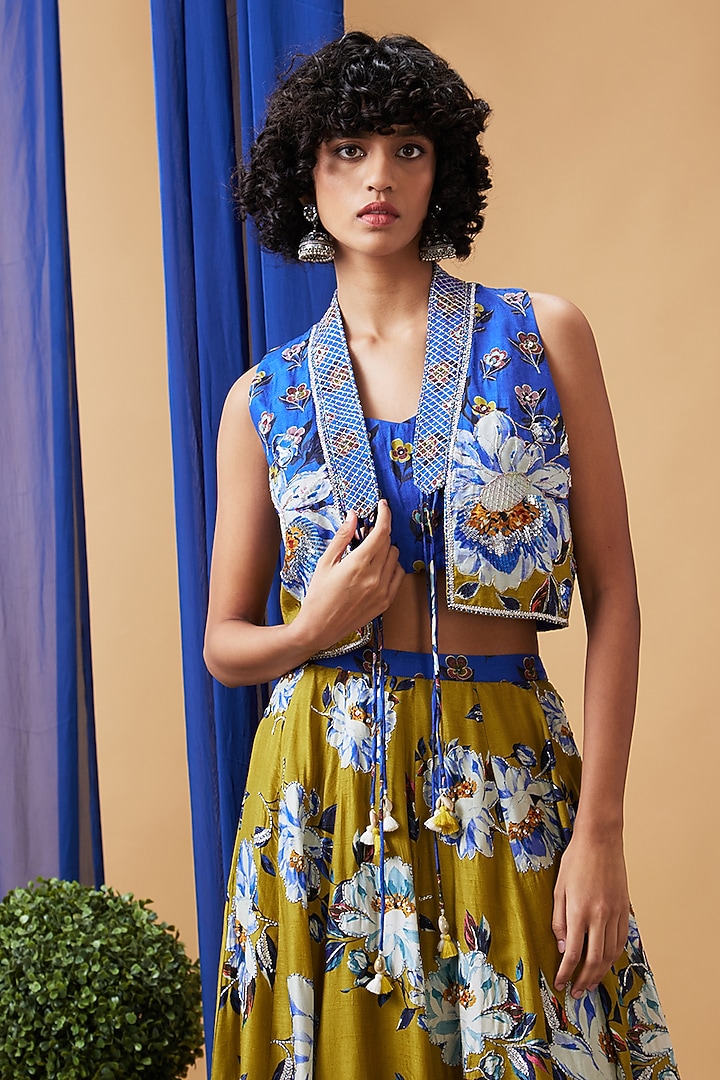 Blue & Green Malaysian Silk Embroidered Jacket Wedding Lehenga Set by Soup by Sougat Paul at Pernia's Pop Up Shop