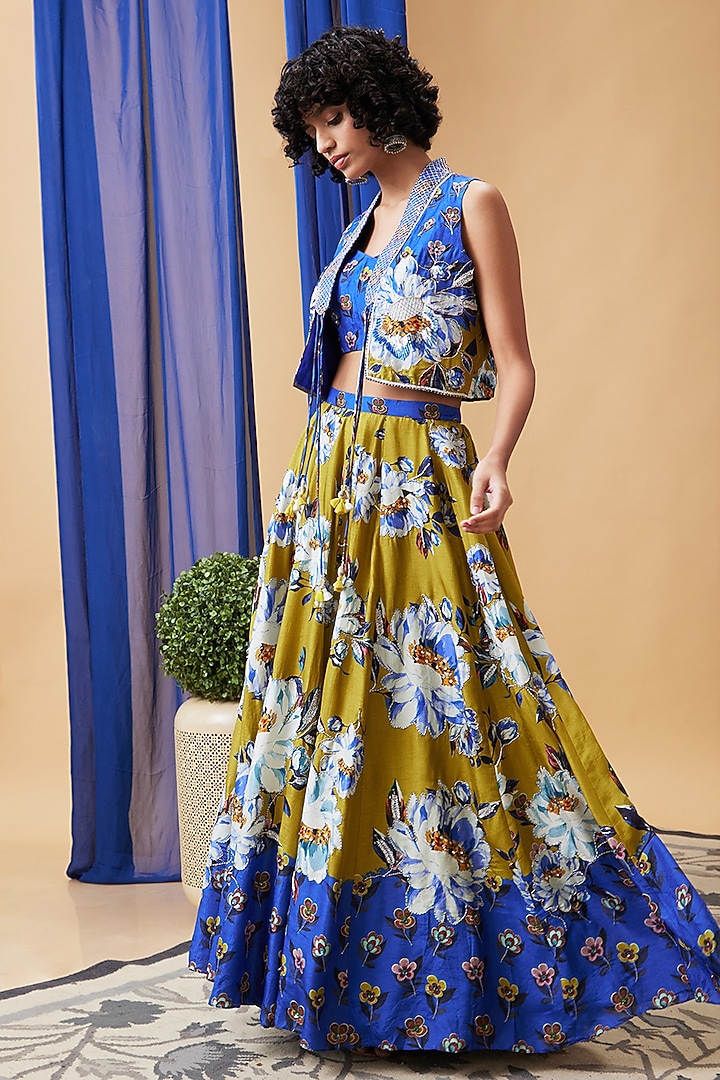 Blue & Green Malaysian Silk Embroidered Jacket Wedding Lehenga Set by Soup by Sougat Paul at Pernia's Pop Up Shop