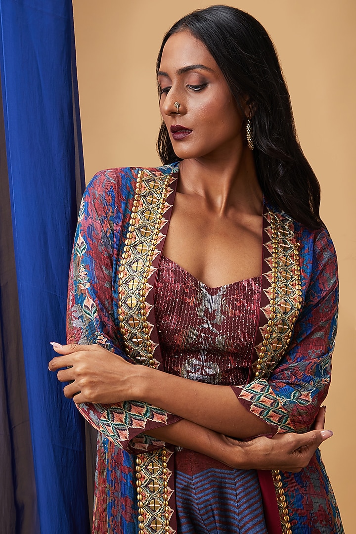 Blue Silk & Flat Chiffon Embroidered Co-Ord Set by Soup by Sougat Paul at Pernia's Pop Up Shop