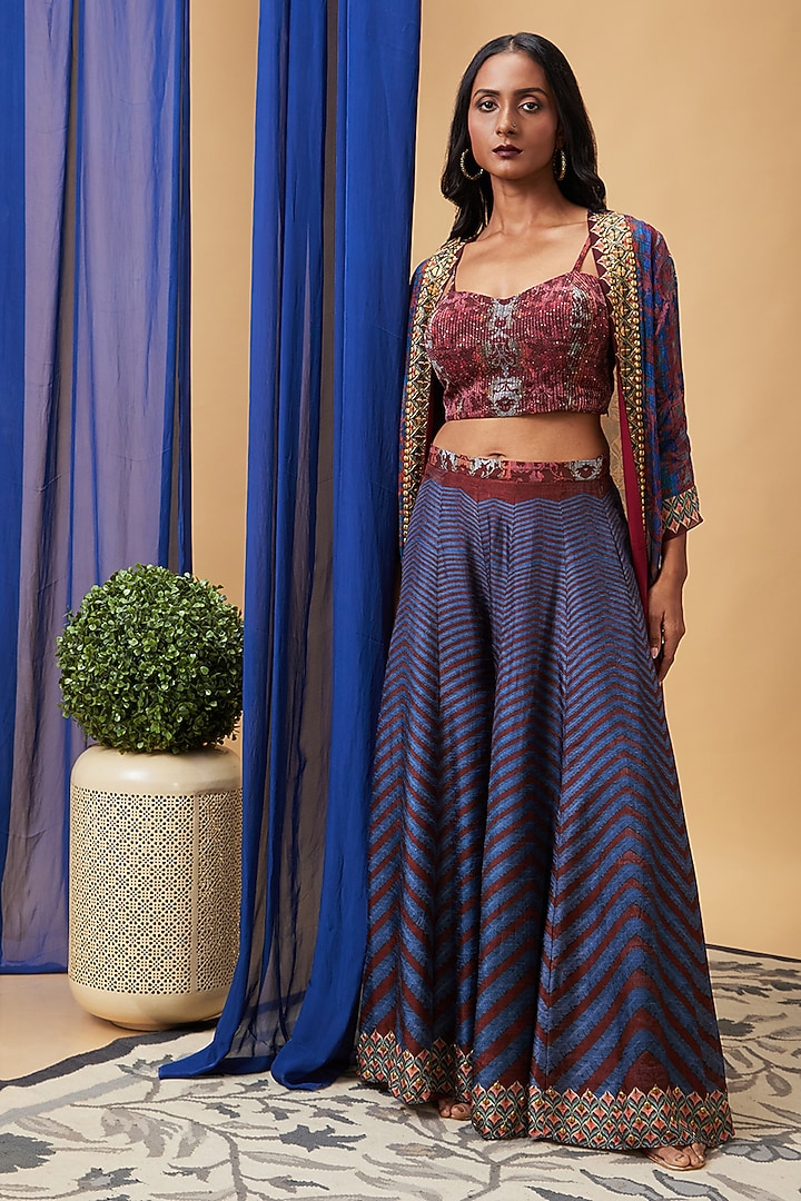 Blue Silk & Flat Chiffon Embroidered Co-Ord Set by Soup by Sougat Paul at Pernia's Pop Up Shop