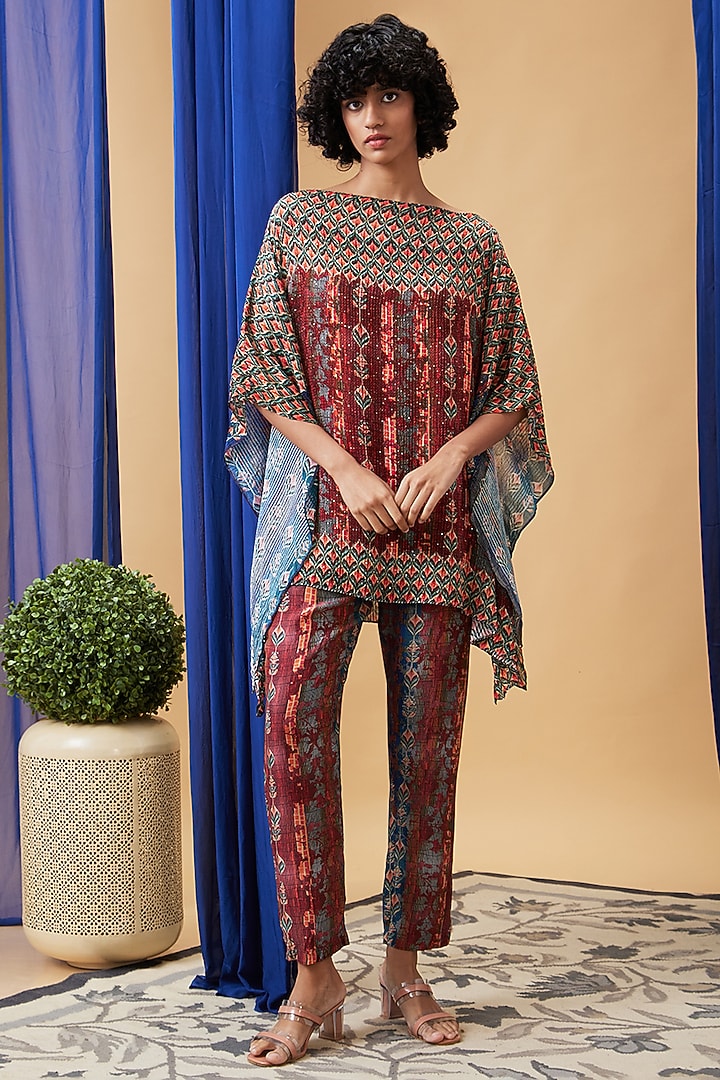 Maroon Crepe & Silk Co-Ord Set by Soup by Sougat Paul at Pernia's Pop Up Shop