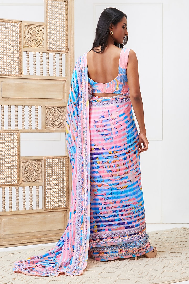 Blue Flat Chiffon & Sequins Pre-Draped Party Wear Saree Set by Soup by Sougat Paul at Pernia's Pop Up Shop