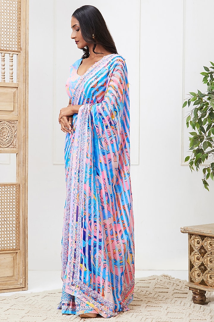 Blue Flat Chiffon & Sequins Pre-Draped Party Wear Saree Set by Soup by Sougat Paul at Pernia's Pop Up Shop