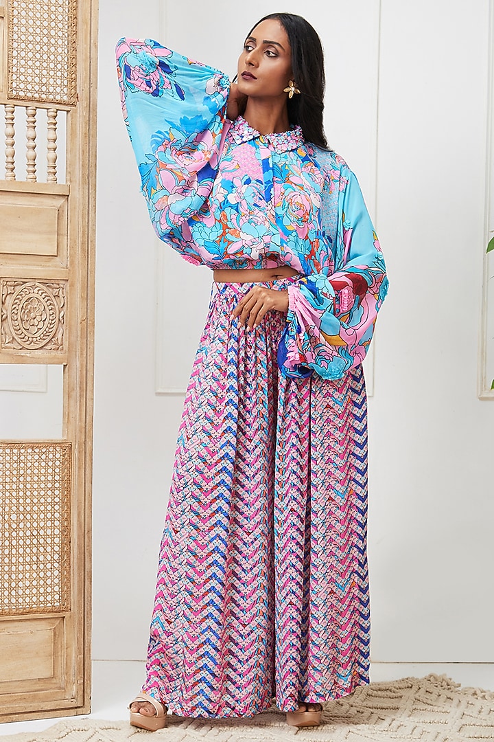 Blue Crepe Embellished Co-Ord Set by Soup by Sougat Paul at Pernia's Pop Up Shop