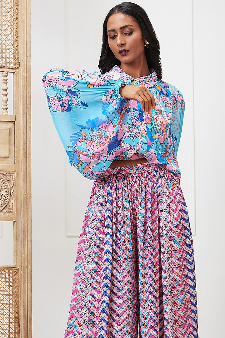 Blue Crepe Embellished Co-Ord Set by Soup by Sougat Paul at Pernia's Pop Up Shop
