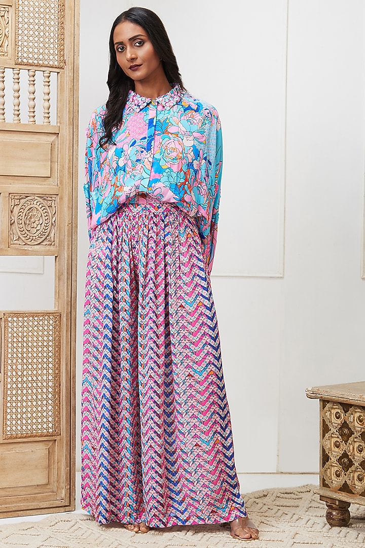 Blue Crepe Embellished Co-Ord Set by Soup by Sougat Paul at Pernia's Pop Up Shop