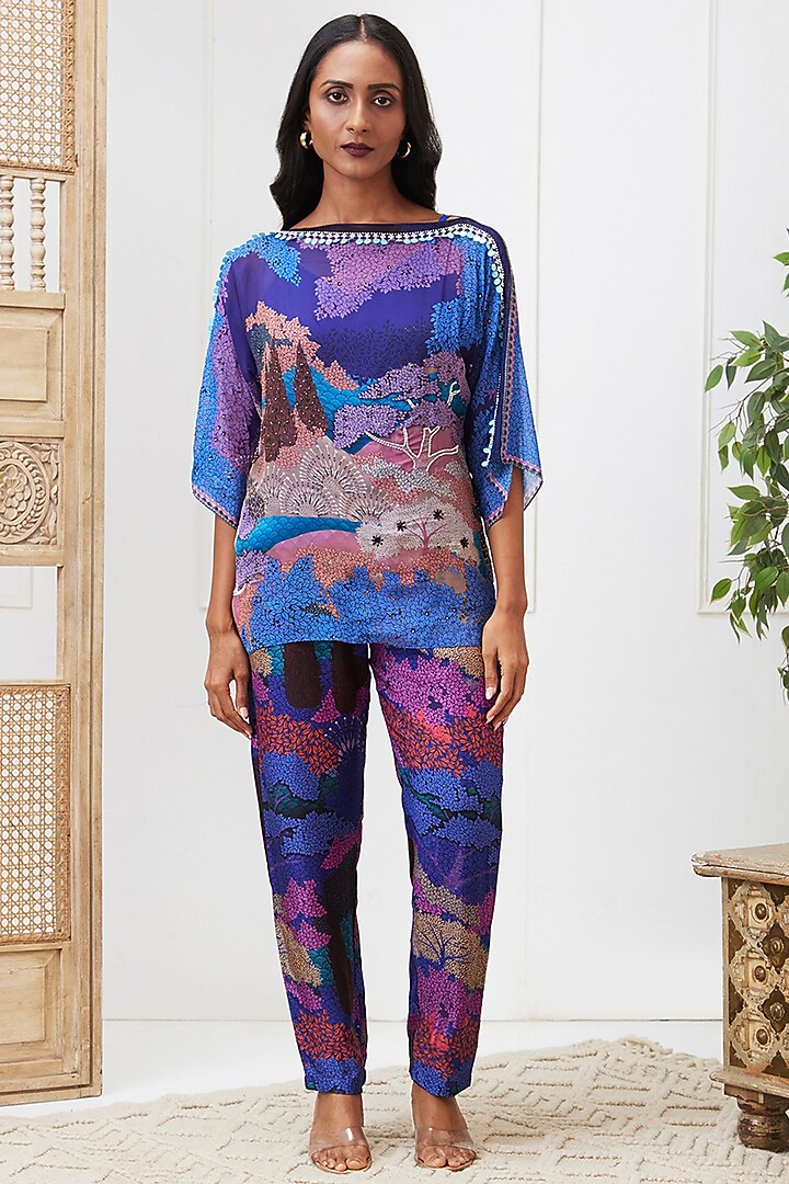 Blue Flat Chiffon & Silk Embroidered Co-Ord Set by Soup by Sougat Paul at Pernia's Pop Up Shop