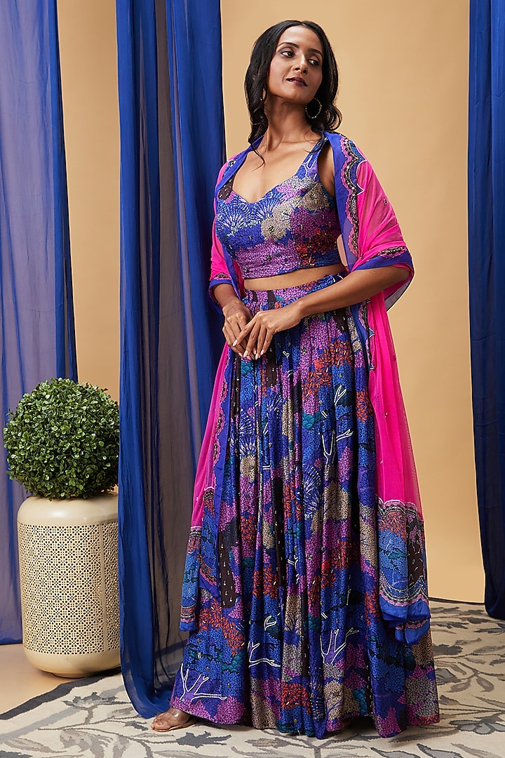 Blue Silk Embroidered Lehenga Set by Soup by Sougat Paul at Pernia's Pop Up Shop