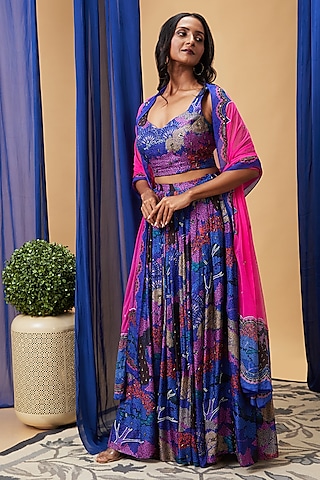 Blue Silk Embroidered Lehenga Set by Soup by Sougat Paul