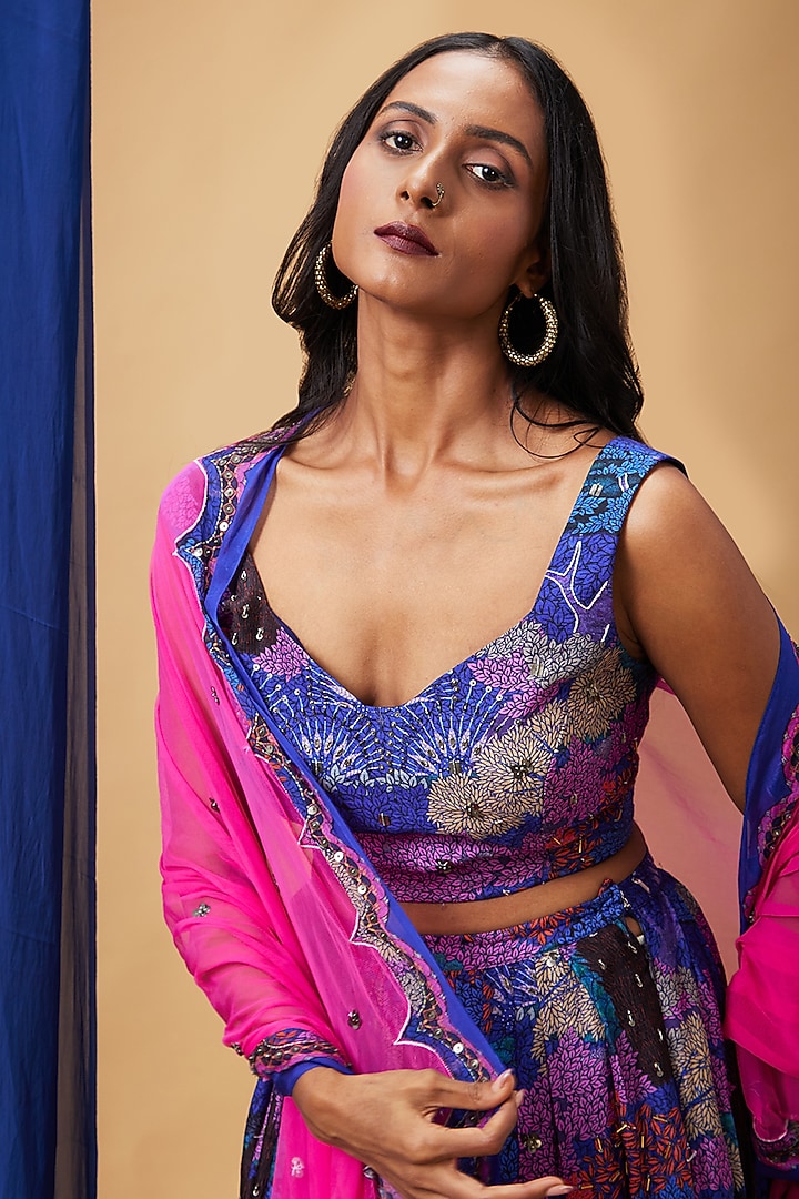 Blue Silk Embroidered Lehenga Set by Soup by Sougat Paul at Pernia's Pop Up Shop