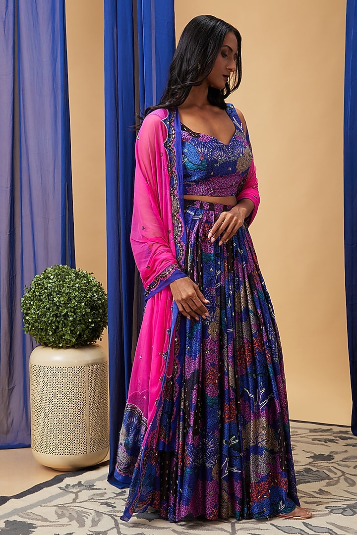 Blue Silk Embroidered Lehenga Set by Soup by Sougat Paul at Pernia's Pop Up Shop