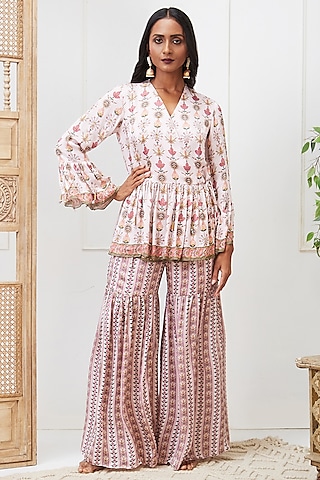 Pink Satin Embroidered Sharara Set by Soup by Sougat Paul