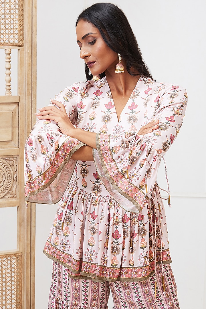 Pink Satin Embroidered Party Wear Sharara Set by Soup by Sougat Paul at Pernia's Pop Up Shop