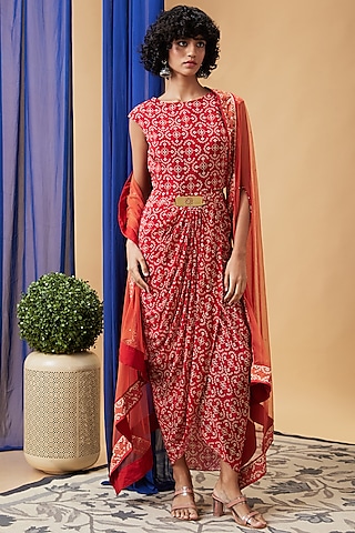 Red Crepe & Net Draped Bandhej Jacket Dress by Soup by Sougat Paul