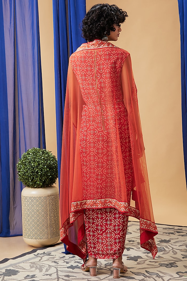 Red Crepe & Net Draped Bandhej Jacket Vacation Dress by Soup by Sougat Paul at Pernia's Pop Up Shop