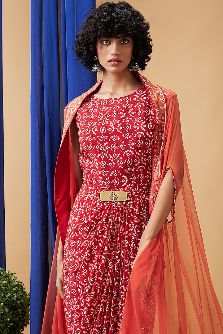 Red Crepe & Net Draped Bandhej Jacket Vacation Dress by Soup by Sougat Paul at Pernia's Pop Up Shop