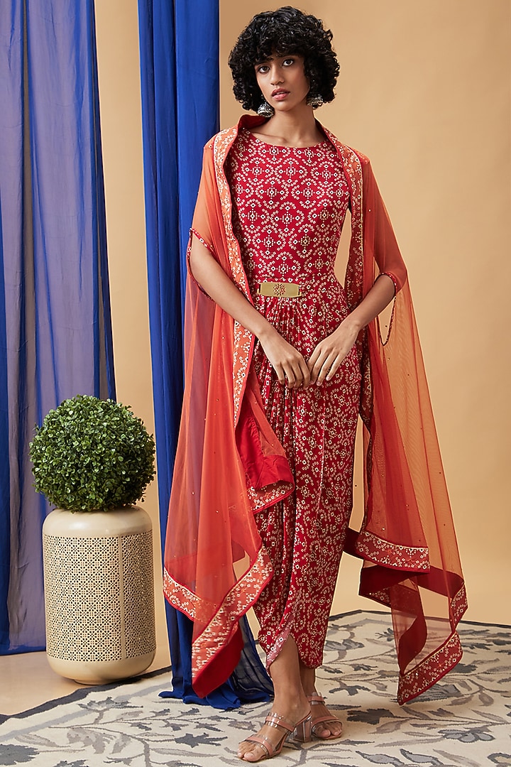 Red Crepe & Net Draped Bandhej Jacket Vacation Dress by Soup by Sougat Paul at Pernia's Pop Up Shop