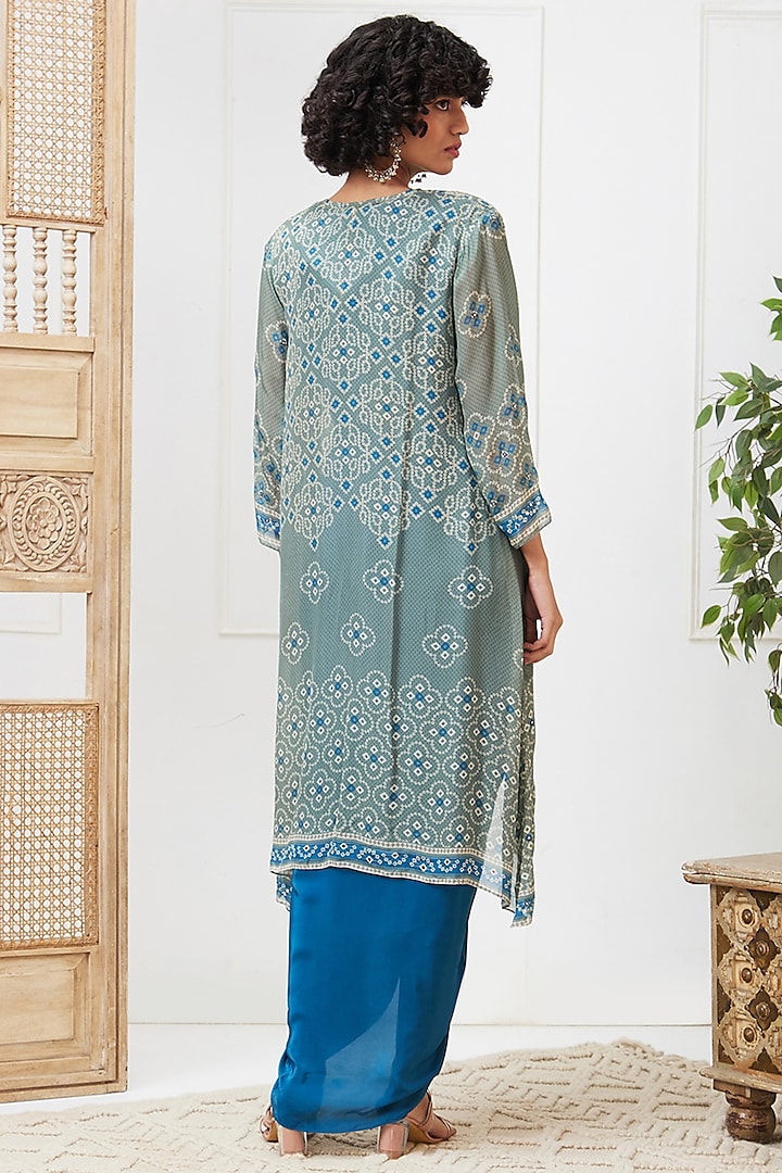 Teal Green Crepe & Chiffon Draped Bandhej Jacket Vacation Dress by Soup by Sougat Paul at Pernia's Pop Up Shop