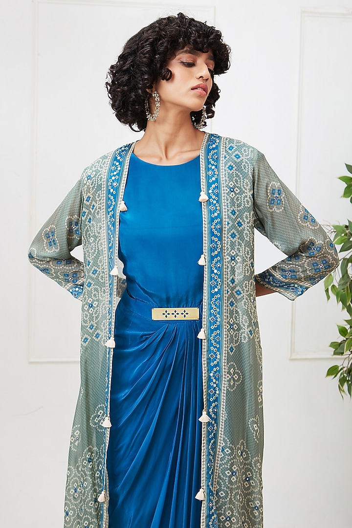 Teal Green Crepe & Chiffon Draped Bandhej Jacket Vacation Dress by Soup by Sougat Paul at Pernia's Pop Up Shop