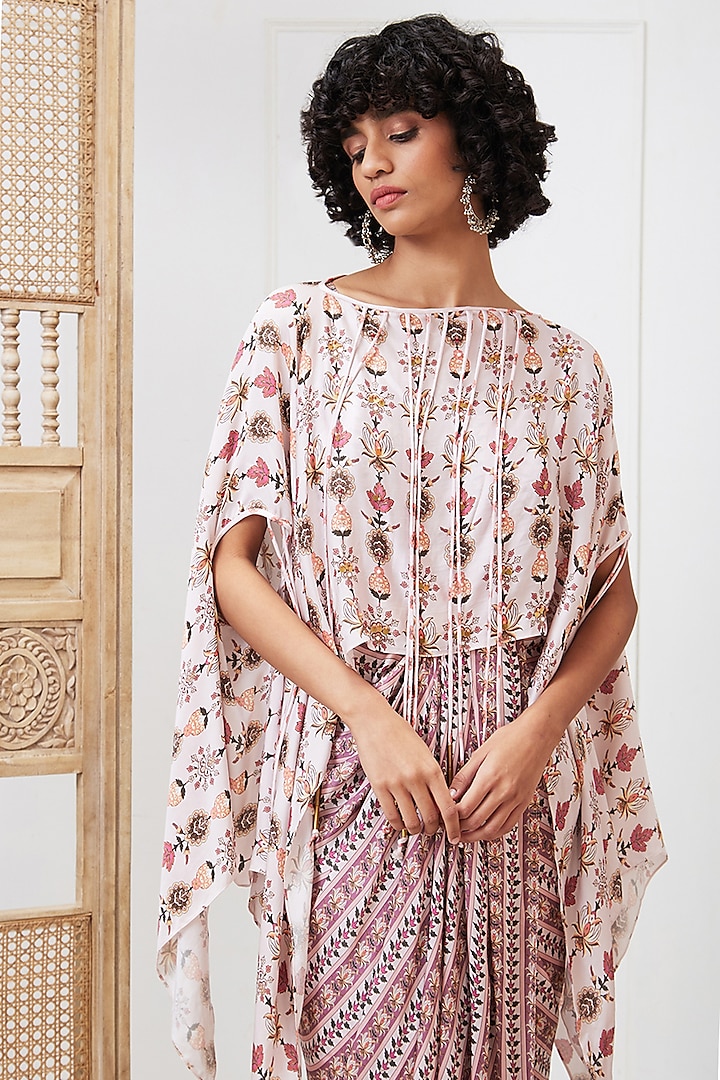 Pink Crepe Embellished Draped Vacation Dress With Top by Soup by Sougat Paul at Pernia's Pop Up Shop