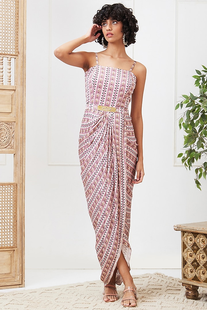 Pink Crepe Embellished Draped Vacation Dress With Top by Soup by Sougat Paul at Pernia's Pop Up Shop
