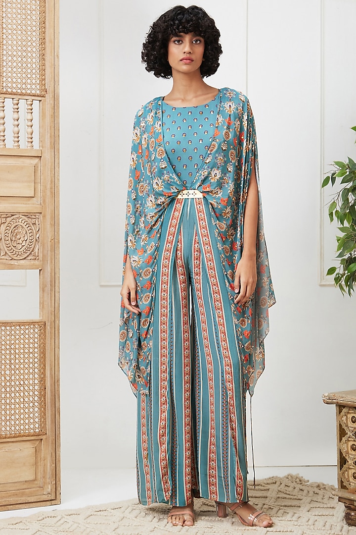 Blue Crepe Embroidered Jumpsuit by Soup by Sougat Paul at Pernia's Pop Up Shop