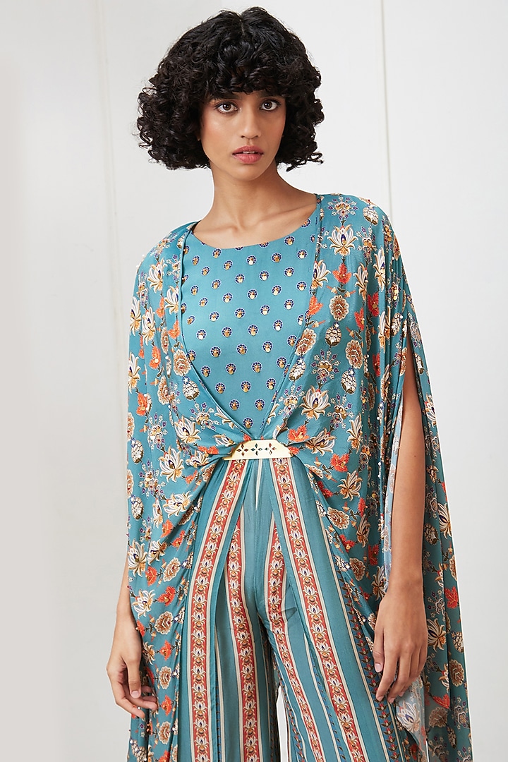 Blue Crepe Embroidered Jumpsuit by Soup by Sougat Paul at Pernia's Pop Up Shop