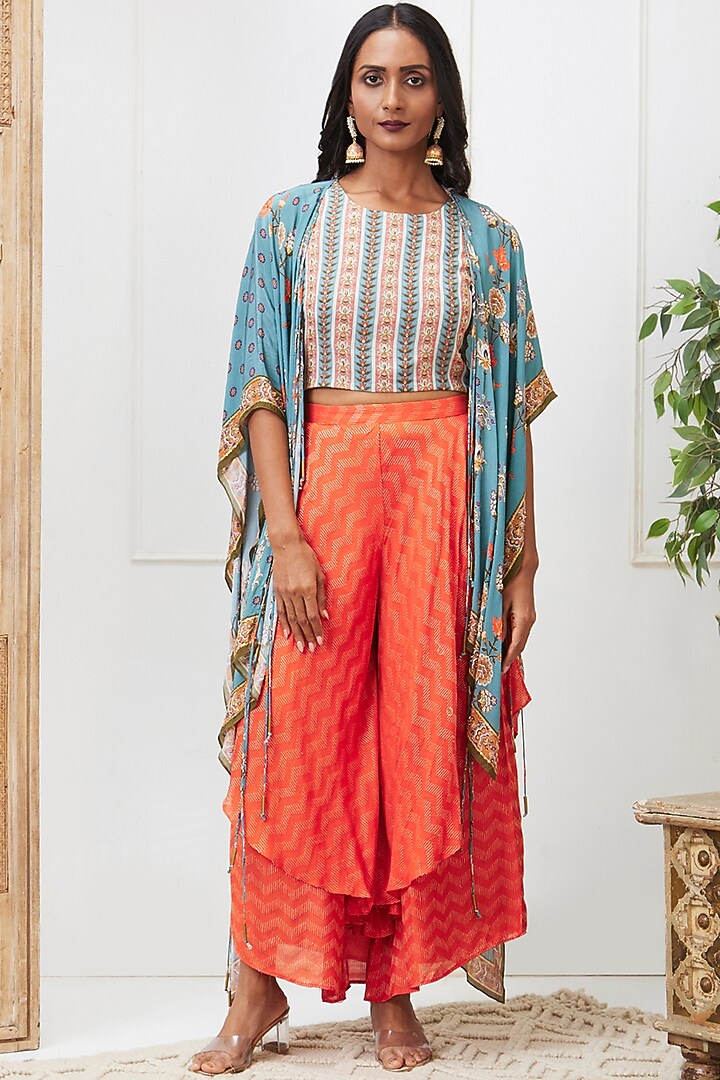 Blue Crepe Embroidered Jacket Set by Soup by Sougat Paul at Pernia's Pop Up Shop