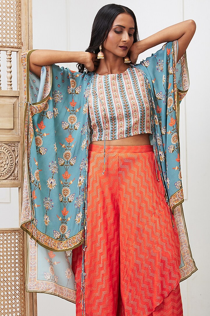 Blue Crepe Embroidered Jacket Set by Soup by Sougat Paul at Pernia's Pop Up Shop