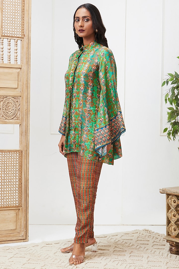Green Malaysian Silk Printed Co-Ord Set by Soup by Sougat Paul at Pernia's Pop Up Shop