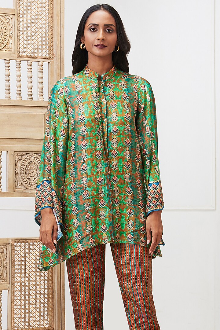 Green Malaysian Silk Printed Co-Ord Set by Soup by Sougat Paul at Pernia's Pop Up Shop