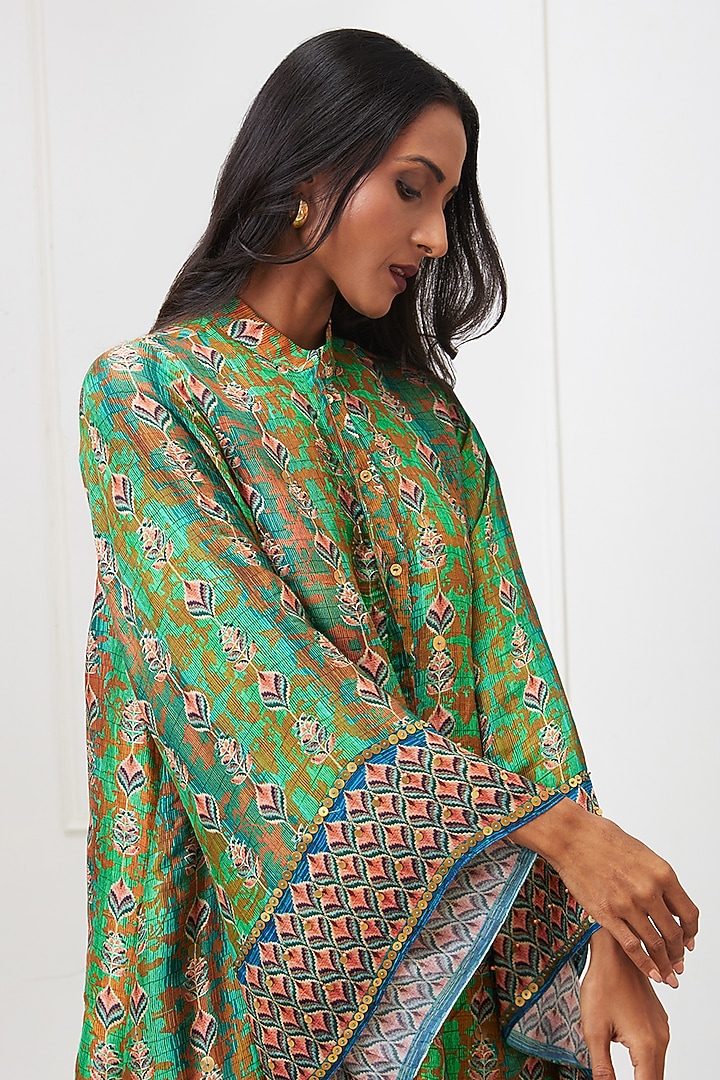 Green Malaysian Silk Printed Co-Ord Set by Soup by Sougat Paul at Pernia's Pop Up Shop