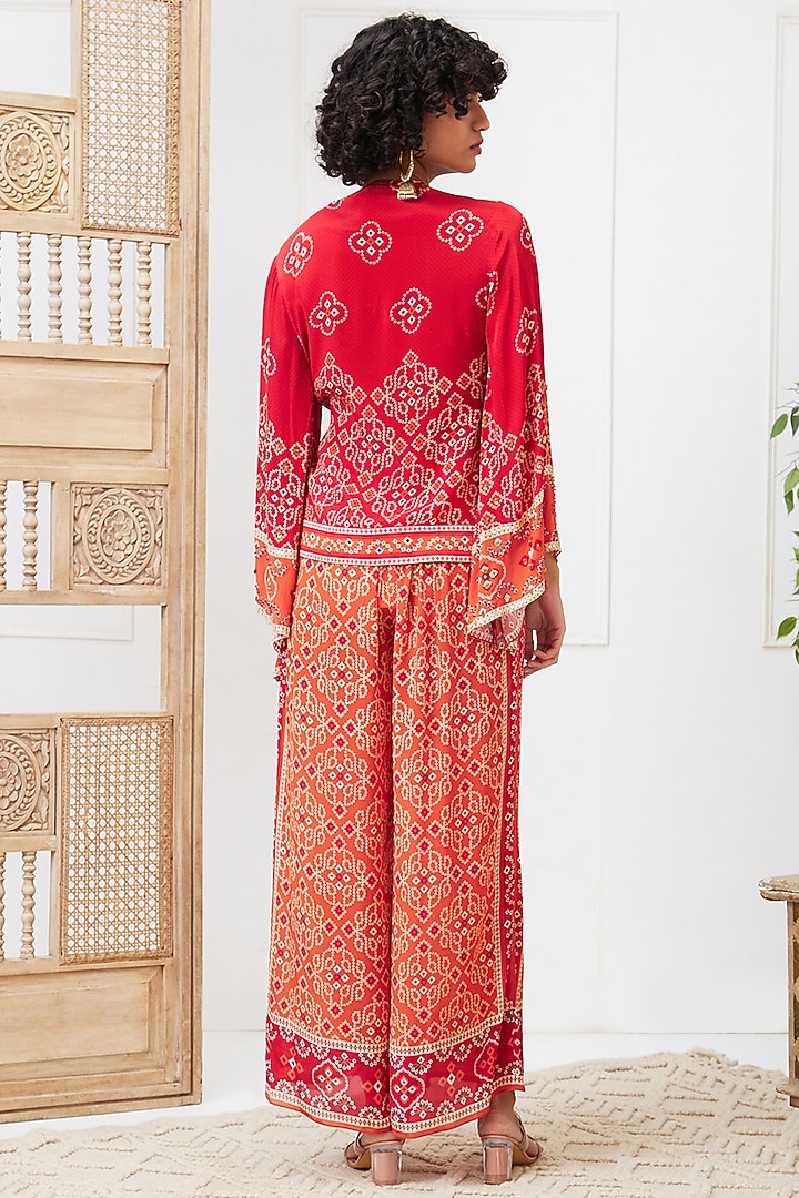Red Crepe Bandhej Printed Angrakha Set by Soup by Sougat Paul at Pernia's Pop Up Shop