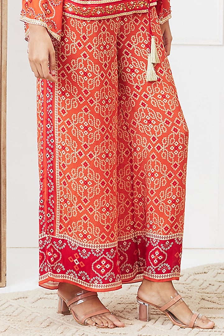 Red Crepe Bandhej Printed Angrakha Set by Soup by Sougat Paul at Pernia's Pop Up Shop