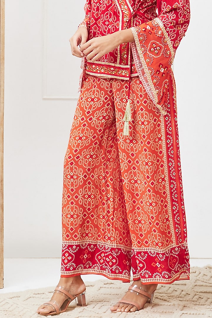 Red Crepe Bandhej Printed Angrakha Set by Soup by Sougat Paul at Pernia's Pop Up Shop