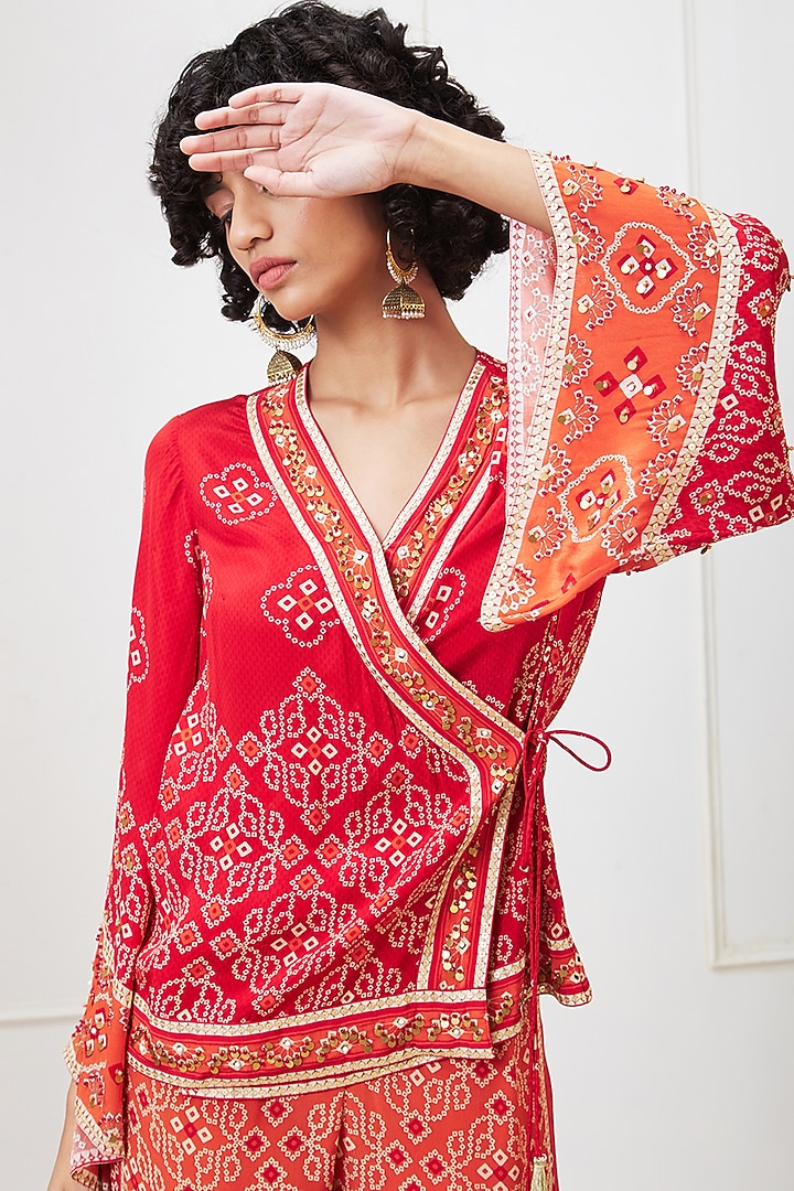 Red Crepe Bandhej Printed Angrakha Set by Soup by Sougat Paul at Pernia's Pop Up Shop