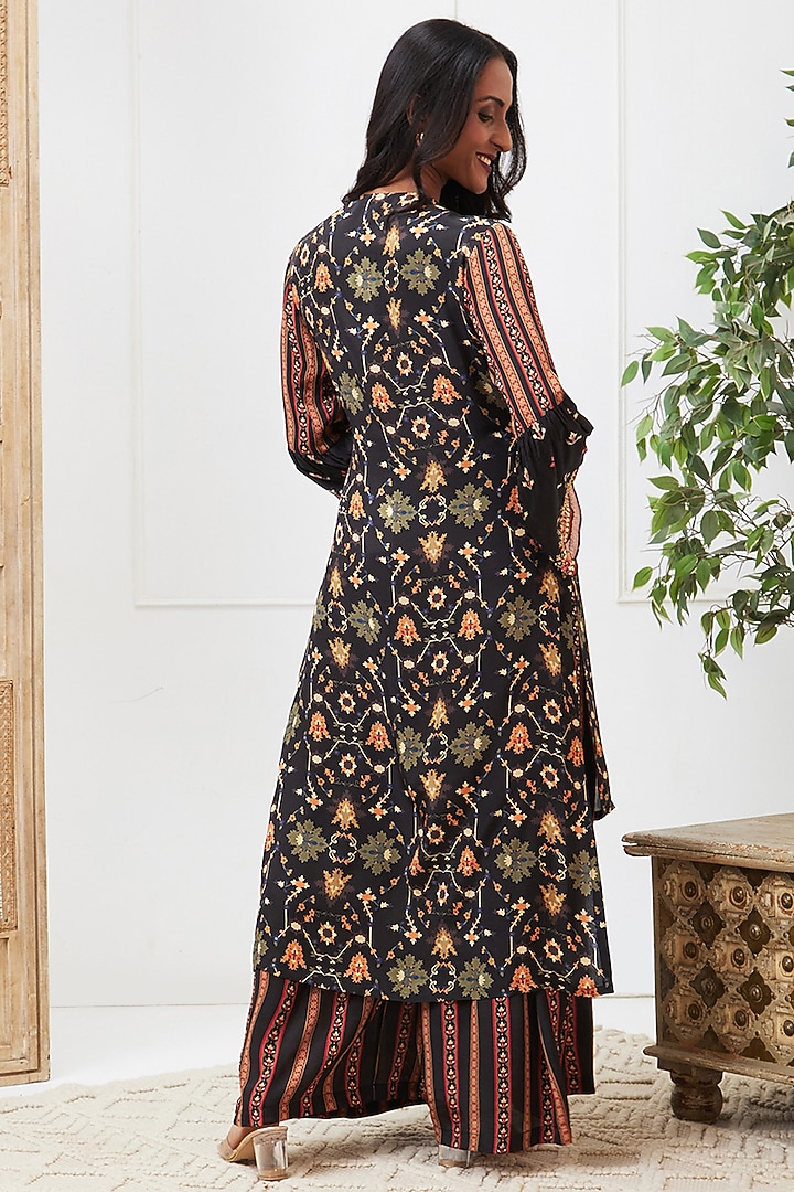 Black Crepe Printed Angrakha Kurta Set by Soup by Sougat Paul at Pernia's Pop Up Shop