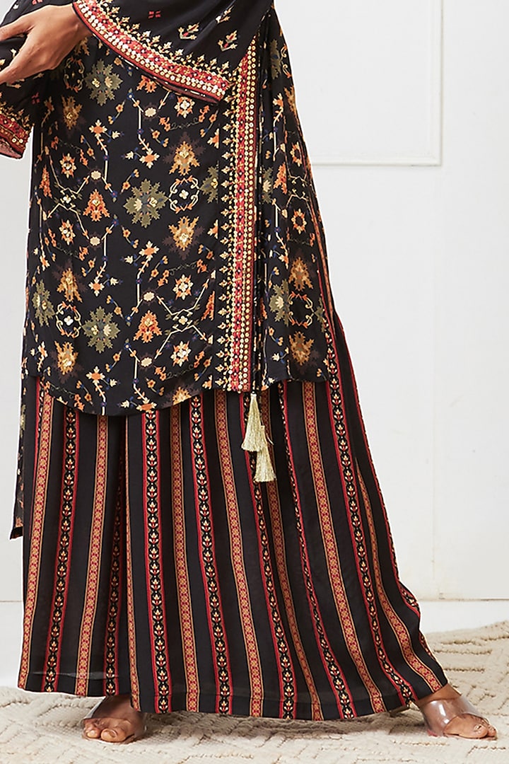 Black Crepe Printed Angrakha Kurta Set by Soup by Sougat Paul at Pernia's Pop Up Shop