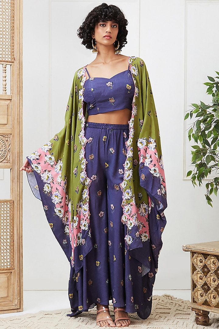 Green & Blue Muslin Slub Printed Jacket Set by Soup by Sougat Paul at Pernia's Pop Up Shop