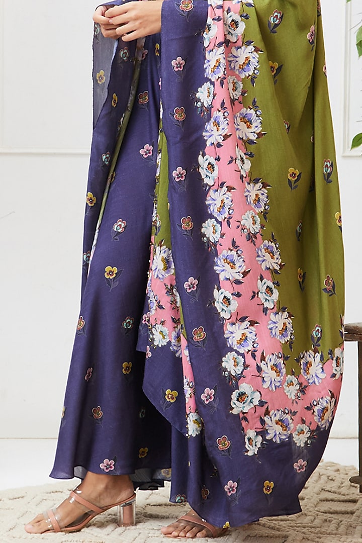 Green & Blue Muslin Slub Printed Jacket Set by Soup by Sougat Paul at Pernia's Pop Up Shop