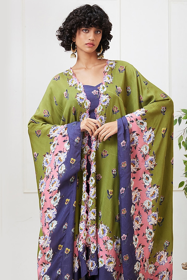 Green & Blue Muslin Slub Printed Jacket Set by Soup by Sougat Paul at Pernia's Pop Up Shop