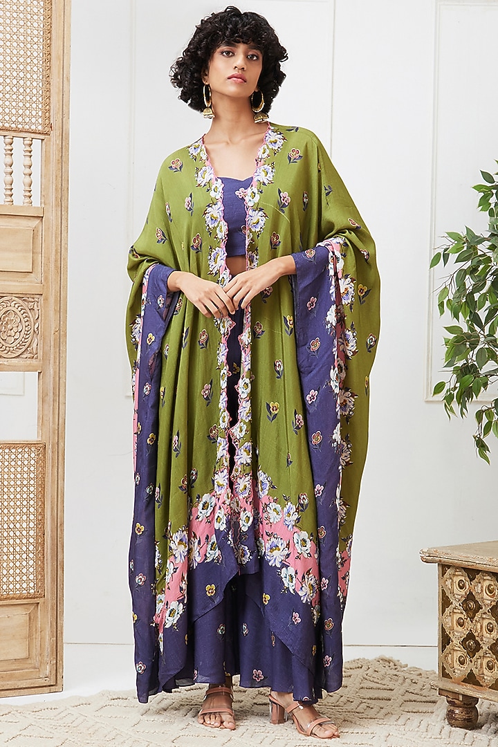 Green & Blue Muslin Slub Printed Jacket Set by Soup by Sougat Paul at Pernia's Pop Up Shop