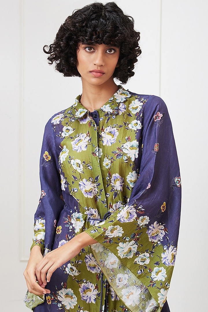Green & Blue Double Georgette Embellished Summer Dress by Soup by Sougat Paul at Pernia's Pop Up Shop