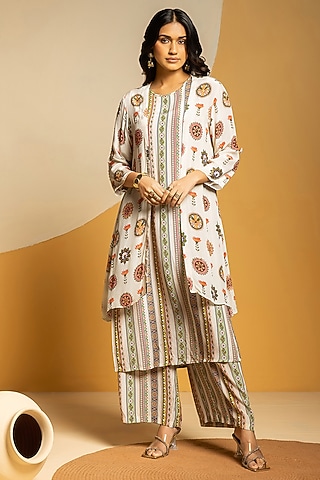 Off-White Crepe Printed & Embellished Kurta Jacket Set by Soup by Sougat Paul