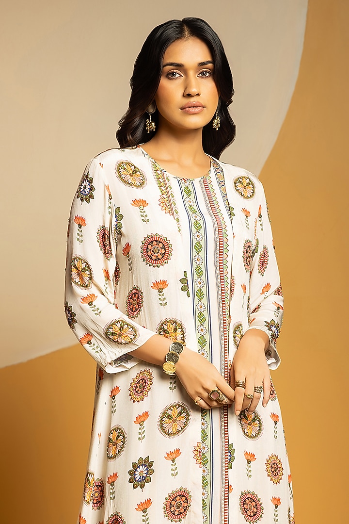 Off-White Crepe Printed & Embellished Kurta Jacket Set by Soup by Sougat Paul at Pernia's Pop Up Shop