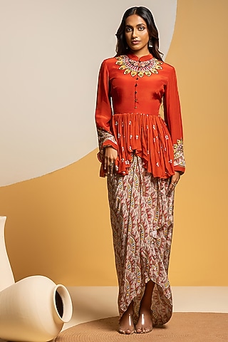 Multi-Colored Crepe Printed Draped Skirt Set by Soup by Sougat Paul